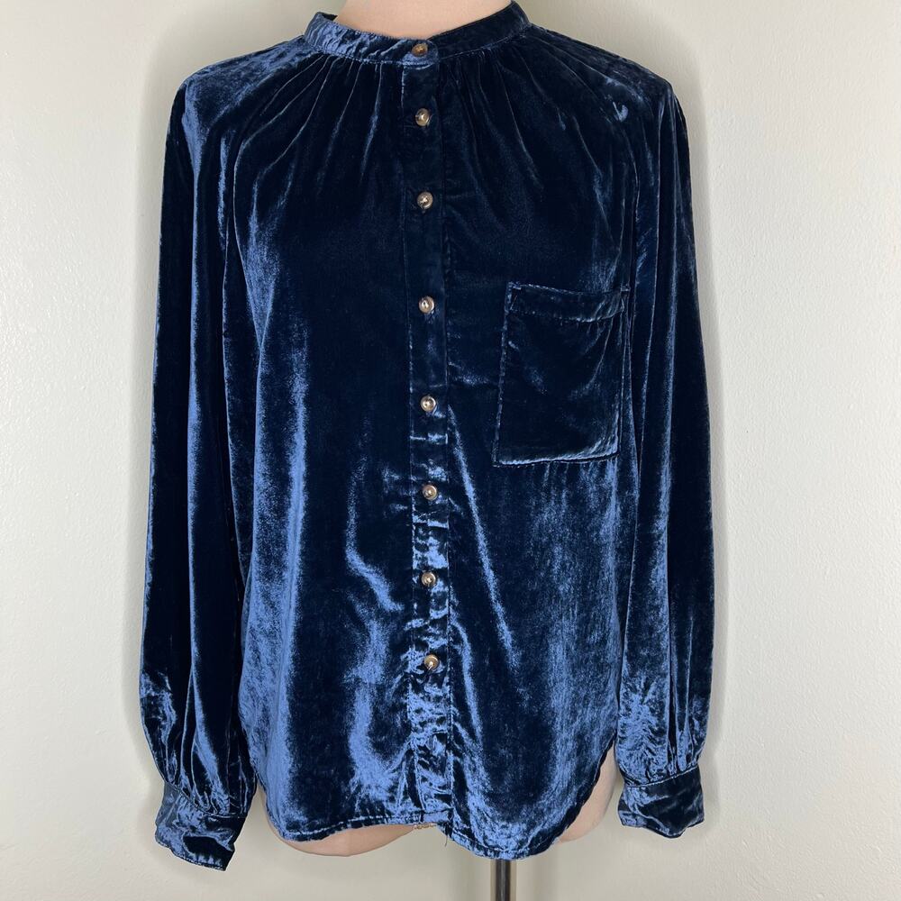 Anthropologie Pilcro Velvet Top Medium Womens Blue Button Up Shirt Relaxed Fit